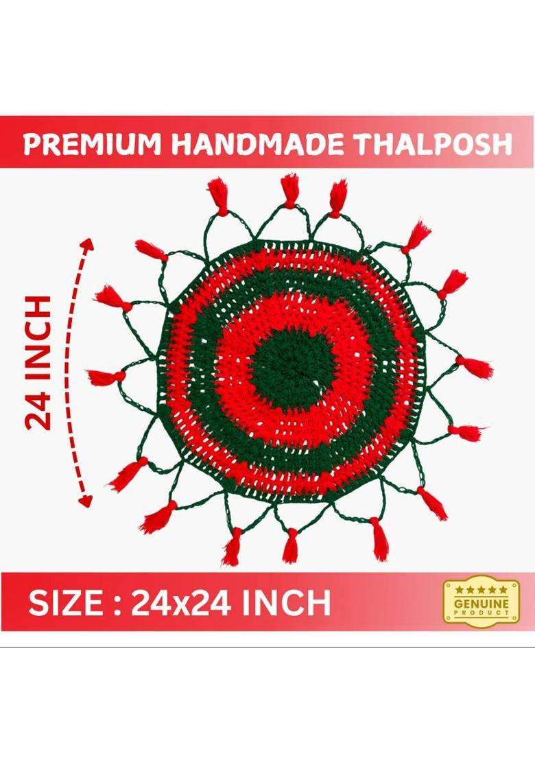Threebros Handcrafted Pooja Thaliposh Mat Puja Thali Cover Thalposh 24X24 Inch Wool (1 Pieces Red Green) - Indya