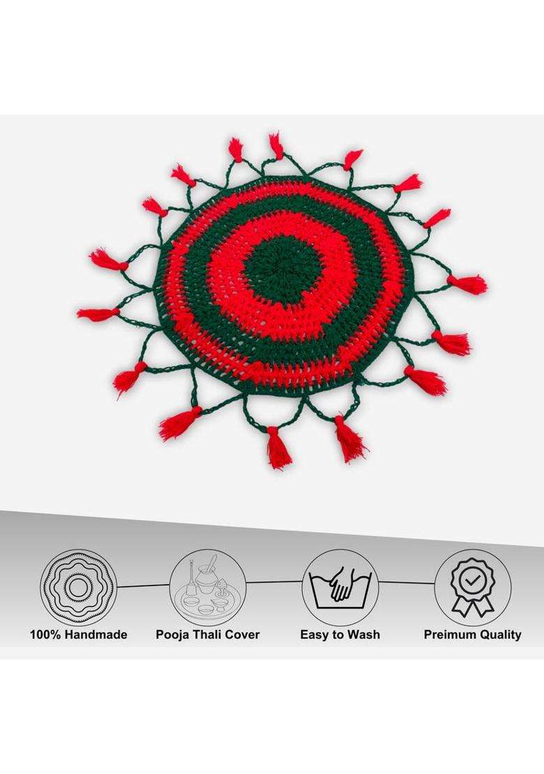 Threebros Handcrafted Pooja Thaliposh Mat Puja Thali Cover Thalposh 24X24 Inch Wool (1 Pieces Red Green) - Indya
