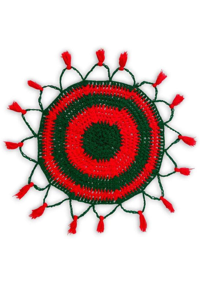 Threebros Handcrafted Pooja Thaliposh Mat Puja Thali Cover Thalposh 24X24 Inch Wool (1 Pieces Red Green) - Indya