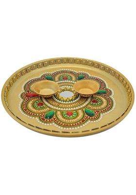 Puja N Pujari Kundan Studded Colorful Pooja Aarti Thali For Home Room Diwali Set And Housewarming Gift Steel (Multicolor)
