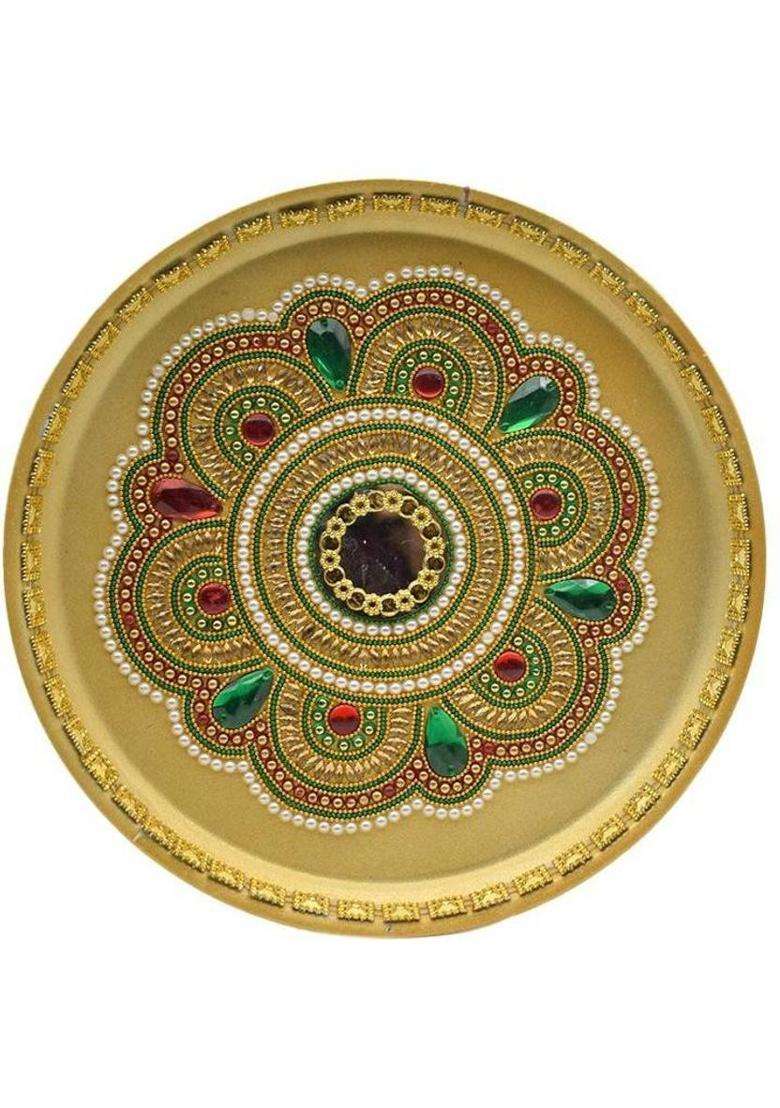 Puja N Pujari Kundan Studded Colorful Pooja Aarti Thali For Home Room Diwali Set And Housewarming Gift Steel (Multicolor) - Indya