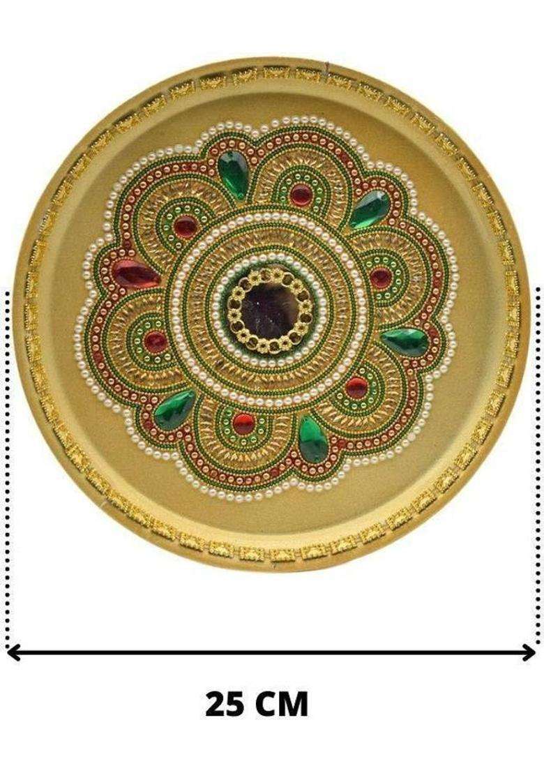 Puja N Pujari Kundan Studded Colorful Pooja Aarti Thali For Home Room Diwali Set And Housewarming Gift Steel (Multicolor) - Indya