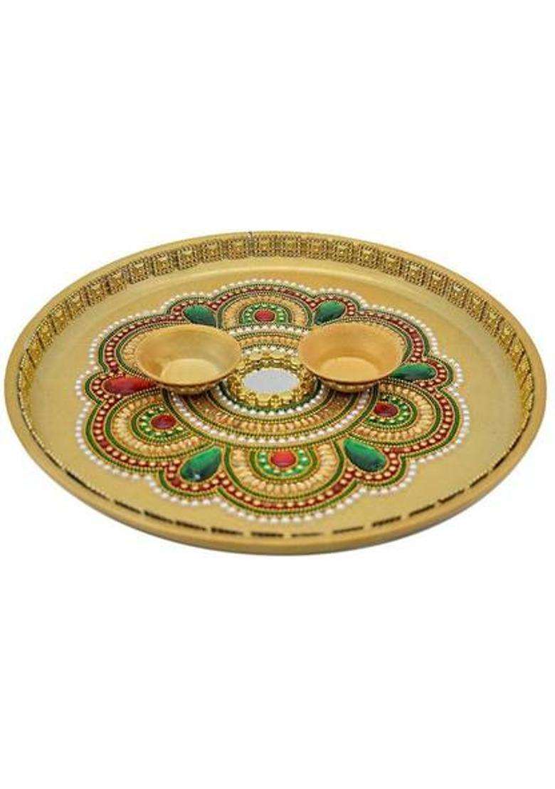 Puja N Pujari Kundan Studded Colorful Pooja Aarti Thali For Home Room Diwali Set And Housewarming Gift Steel (Multicolor) - Indya