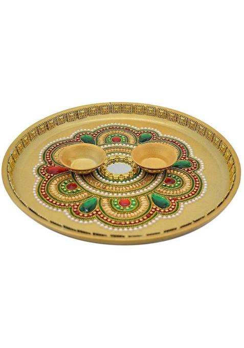 Puja N Pujari Kundan Studded Colorful Pooja Aarti Thali For Home Room Diwali Set And Housewarming Gift Steel (Multicolor)