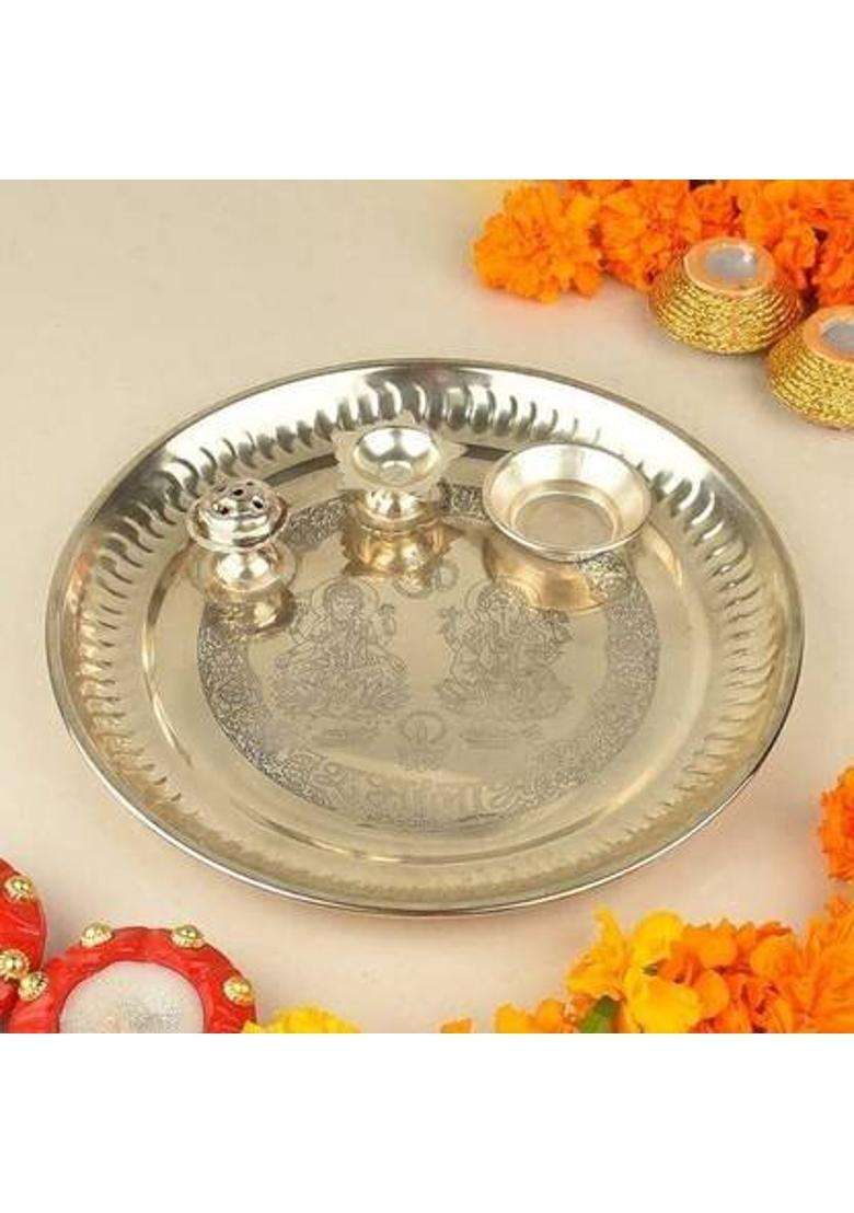 Trendy Abode Shubh Labh / Pooja Thali Stainless Steel (1 Pieces Silver) - Indya