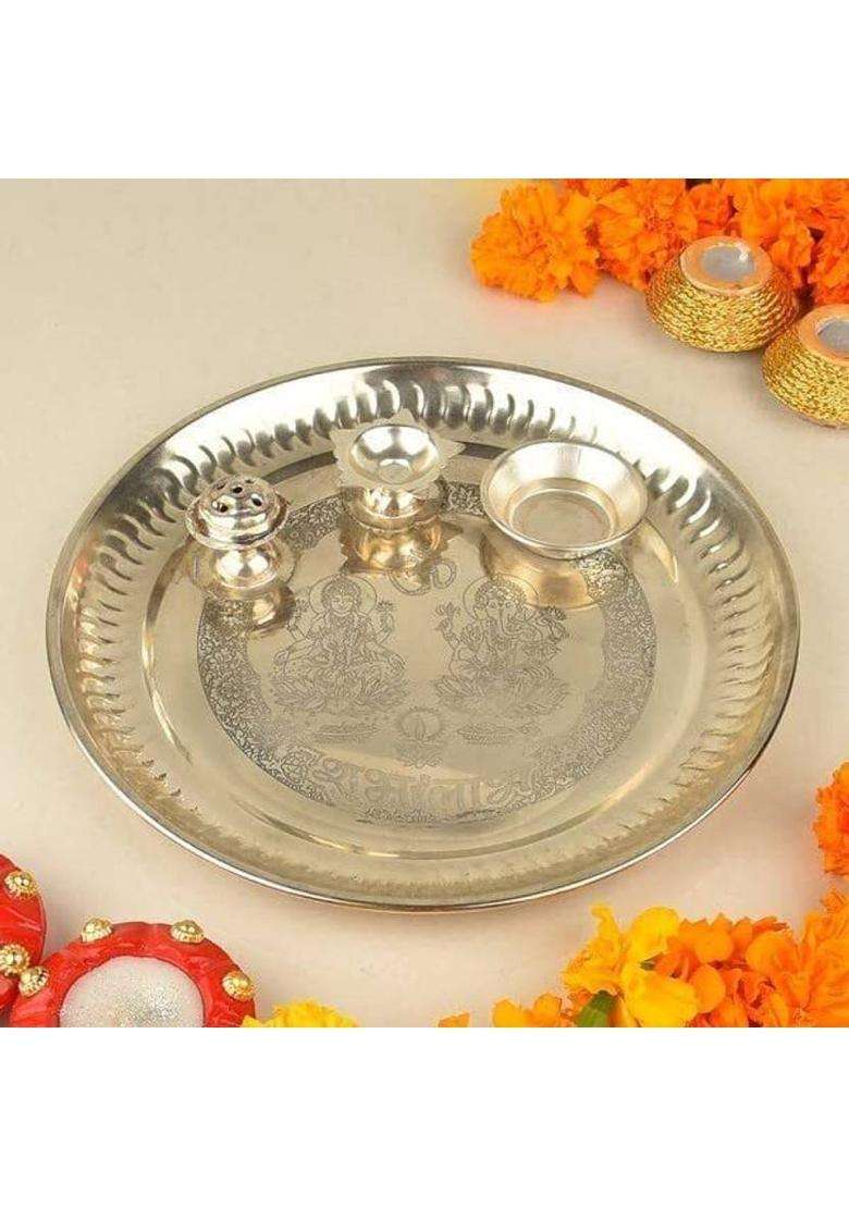 Trendy Abode Shubh Labh / Pooja Thali Stainless Steel (1 Pieces Silver) - Indya