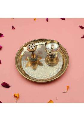 Shri Anand Handcrafted 100% Brass Pooja Thali Plate Set With Tomato Diya & Incense Holder (1 Pieces Gold)