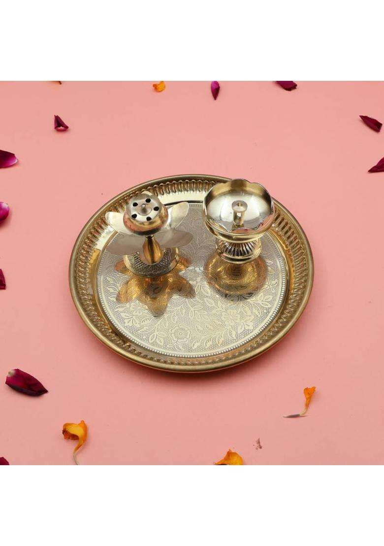 Shri Anand Handcrafted 100% Brass Pooja Thali Plate Set With Tomato Diya & Incense Holder (1 Pieces Gold) - Indya