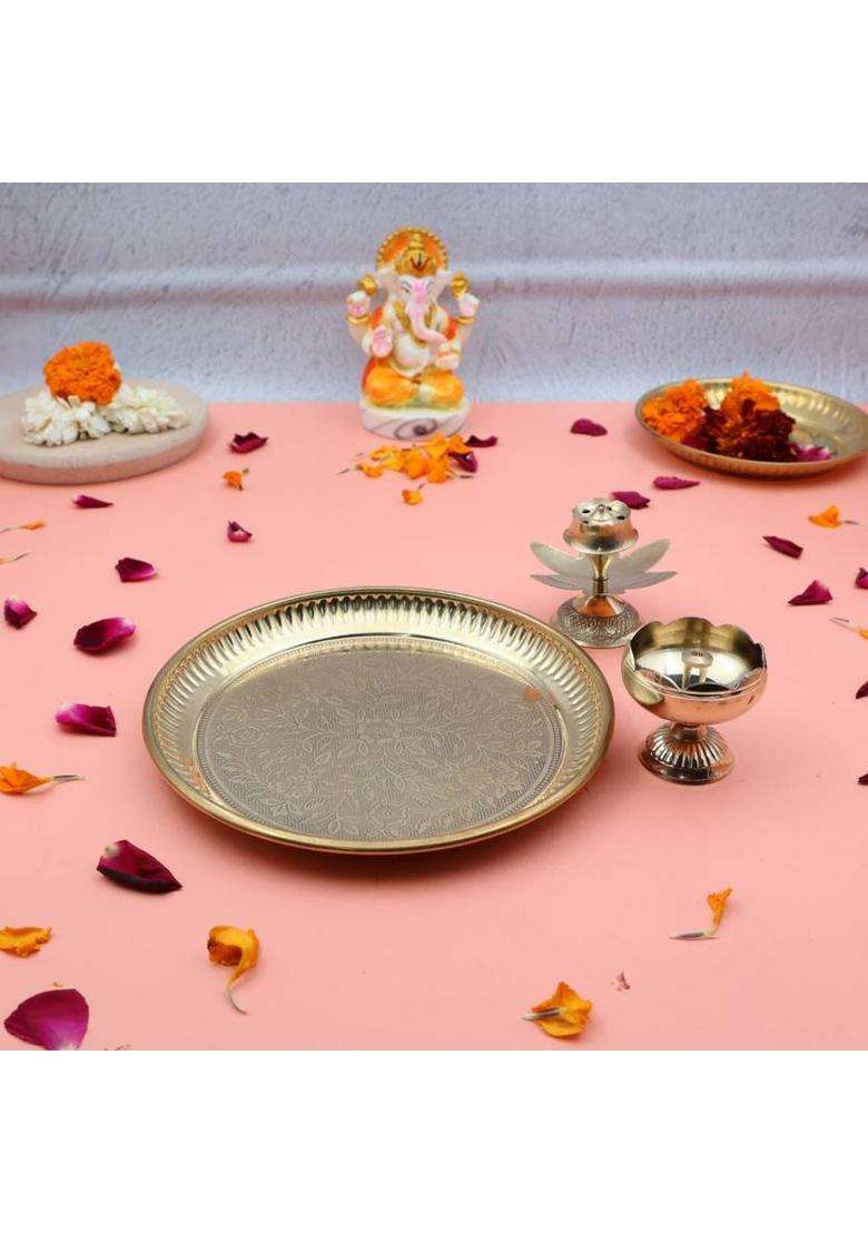 Shri Anand Handcrafted 100% Brass Pooja Thali Plate Set With Tomato Diya & Incense Holder (1 Pieces Gold) - Indya