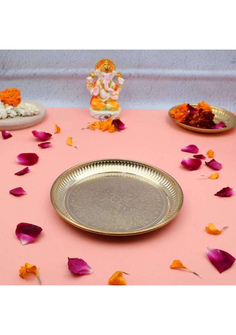 Shri Anand Handcrafted 100% Brass Pooja Thali Plate Set With Tomato Diya & Incense Holder (1 Pieces Gold) - Indya