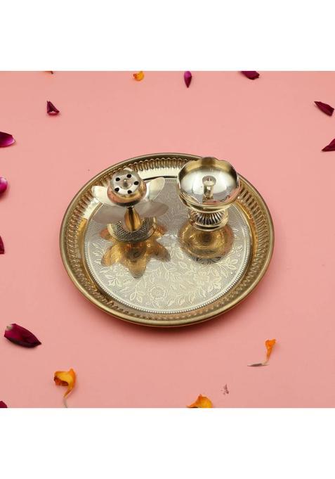 Shri Anand Handcrafted 100% Brass Pooja Thali Plate Set With Tomato Diya & Incense Holder (1 Pieces, Gold)