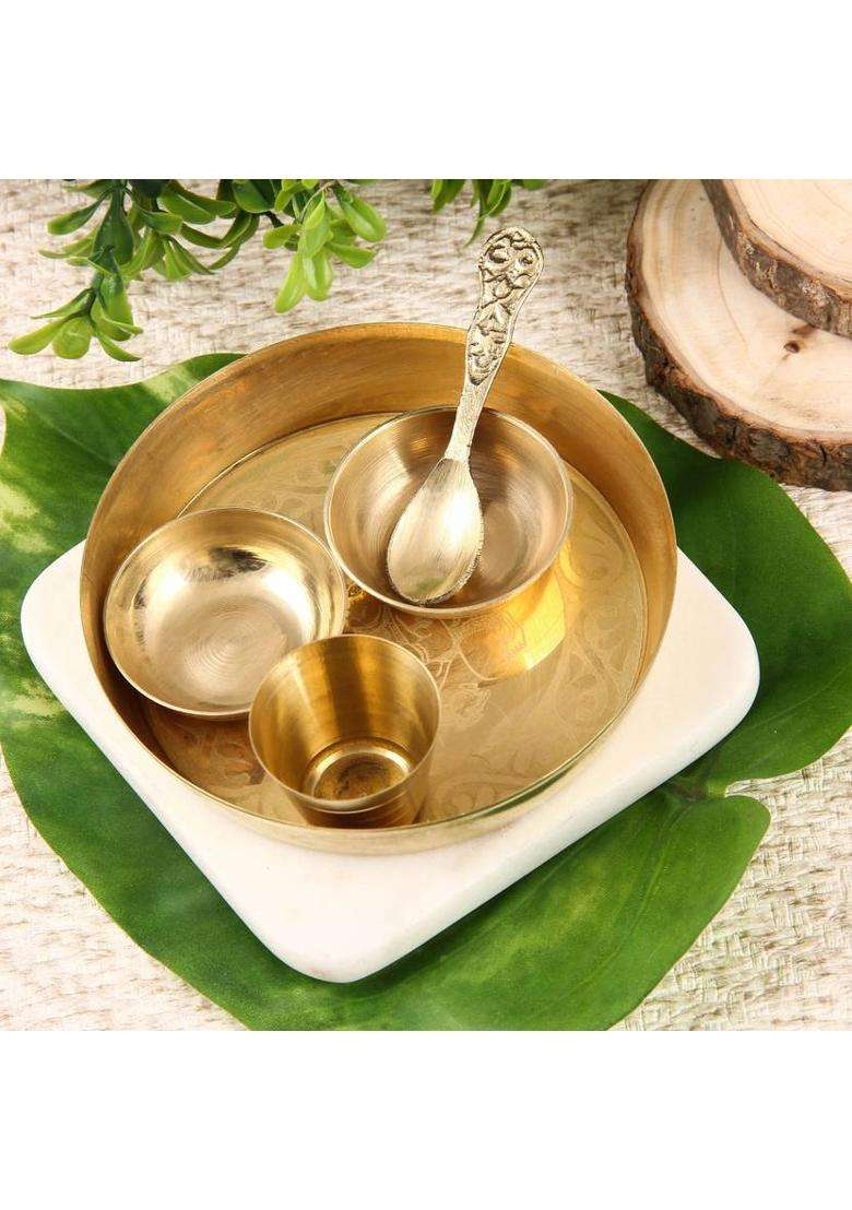 Dokchan Brass Pooja Thali Set Of 5 Pcs Plate With 2 Bowl 1 Glass And Spoon (Gold) - Indya