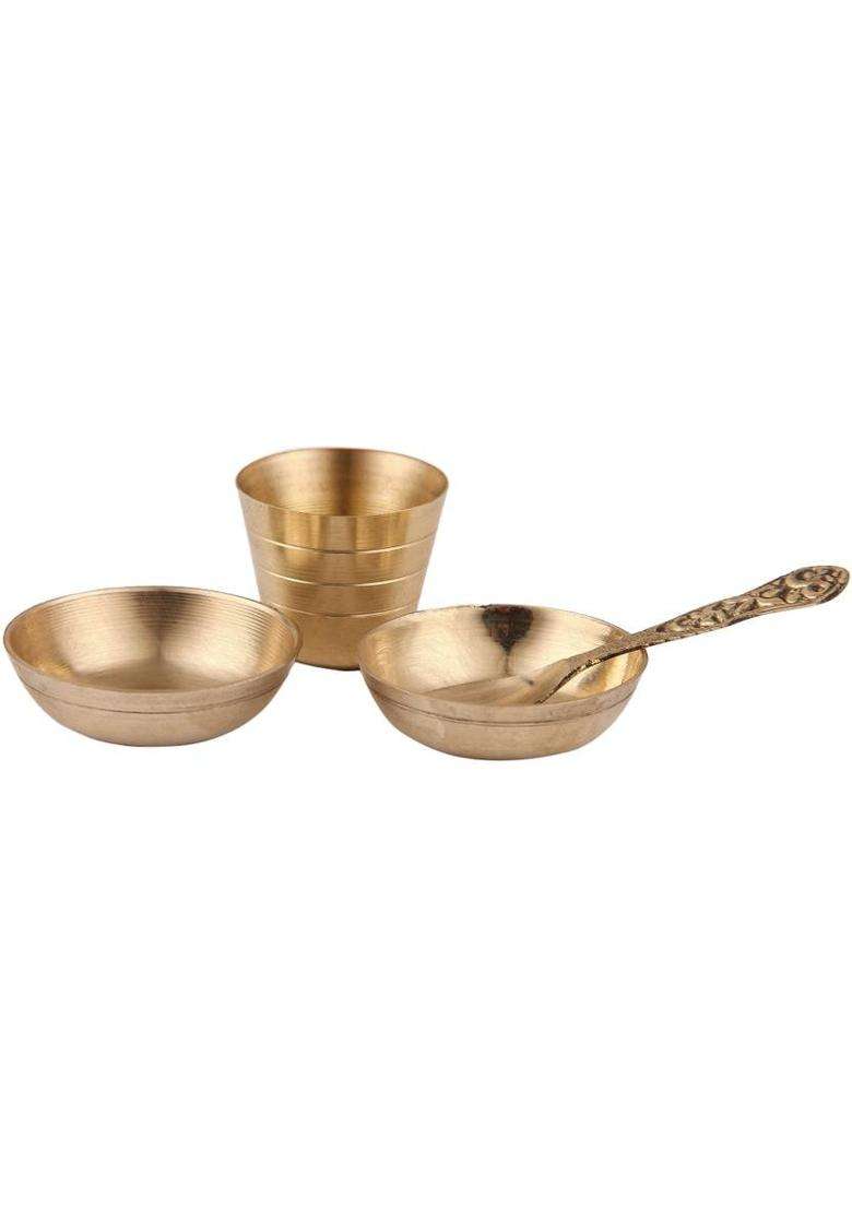 Dokchan Brass Pooja Thali Set Of 5 Pcs Plate With 2 Bowl 1 Glass And Spoon (Gold) - Indya