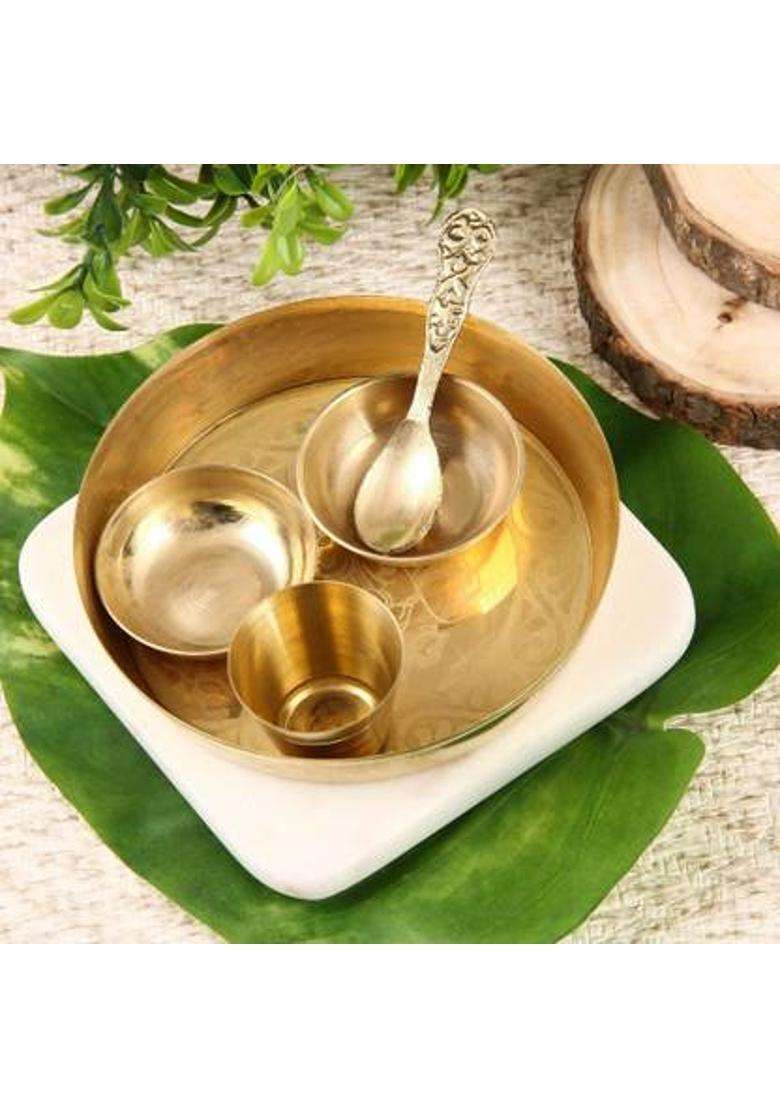 Dokchan Brass Pooja Thali Set Of 5 Pcs Plate With 2 Bowl 1 Glass And Spoon (Gold) - Indya