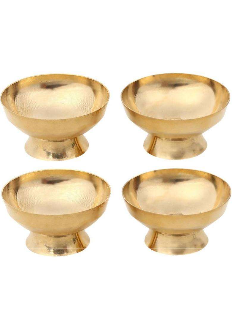 Dokchan Brass Pooja Thali Set Of 5 Pcs Plate With 2 Bowl 1 Glass And Spoon (Gold) - Indya