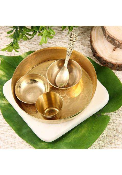 Dokchan Brass Pooja Thali Set Of 5 Pcs Plate With 2 Bowl 1 Glass And Spoon (Gold)
