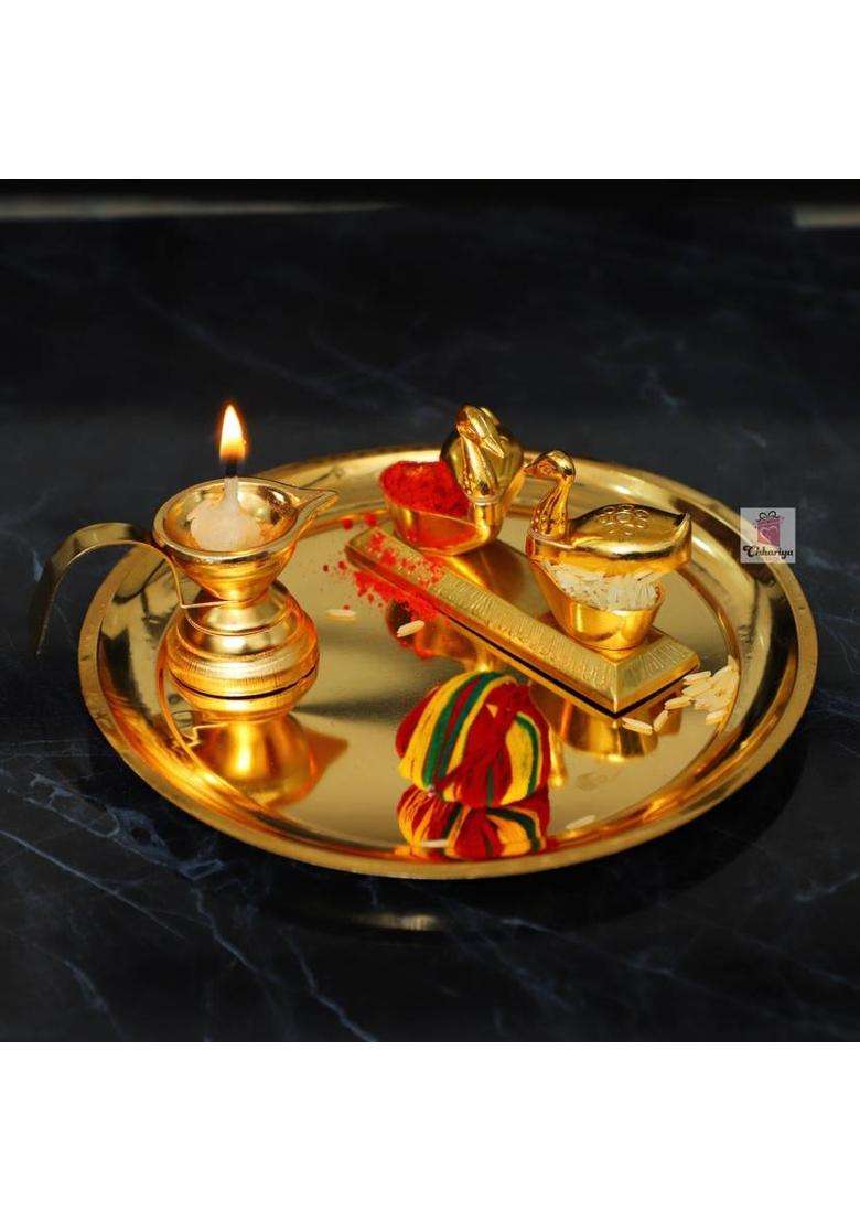 Chhariya Crafts Metal Pooja Thali With Diya And Kumkum Box Duck From Home Office Gift Items Aluminium (3 Pieces Gold) - Indya
