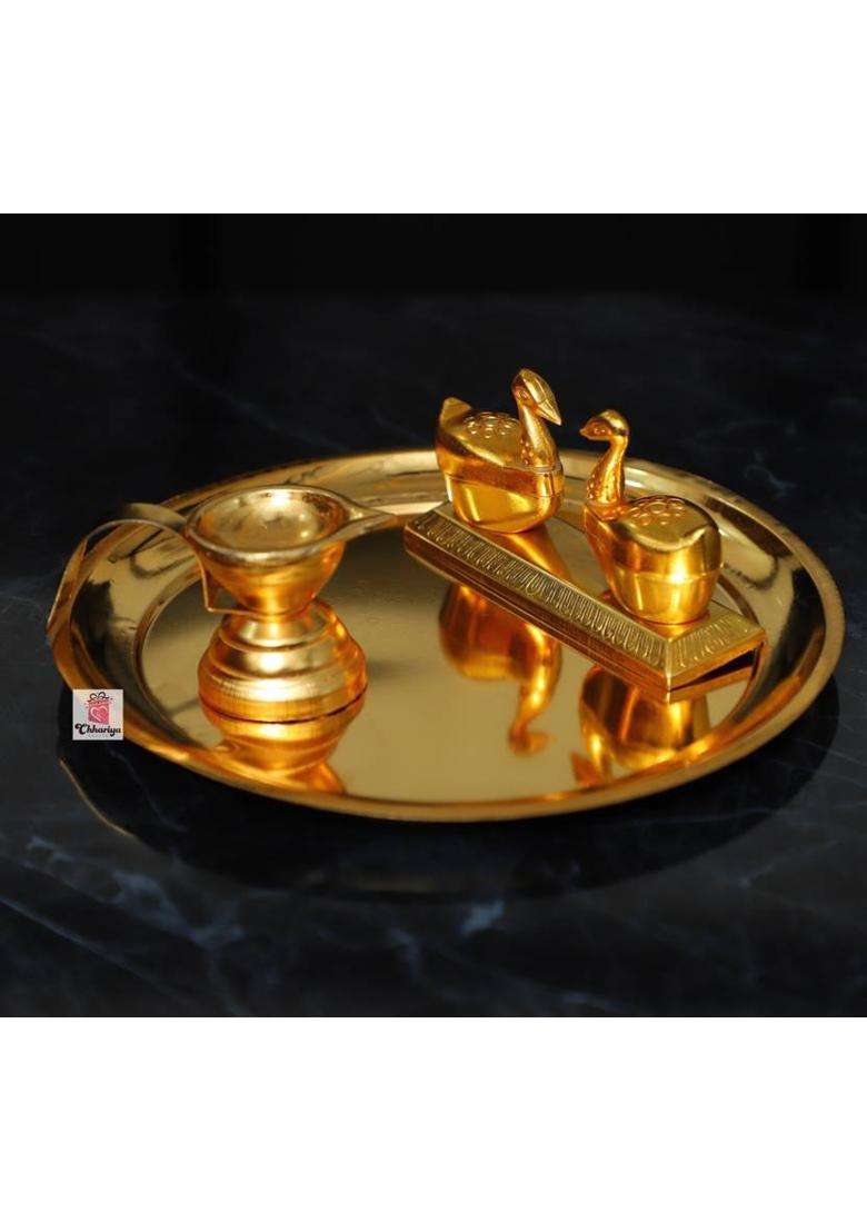 Chhariya Crafts Metal Pooja Thali With Diya And Kumkum Box Duck From Home Office Gift Items Aluminium (3 Pieces Gold) - Indya