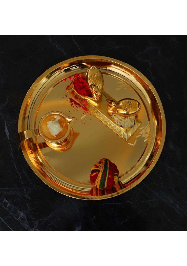 Chhariya Crafts Metal Pooja Thali With Diya And Kumkum Box Duck From Home Office Gift Items Aluminium (3 Pieces Gold) - Indya