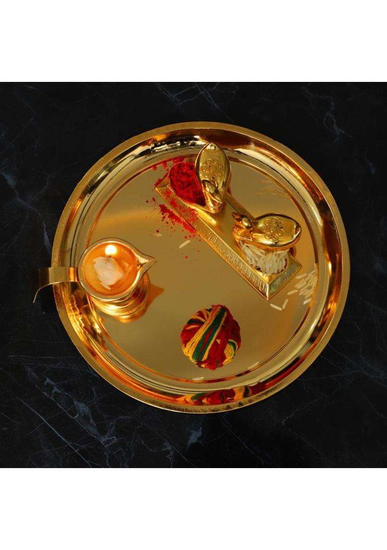 Chhariya Crafts Metal Pooja Thali With Diya And Kumkum Box Duck From Home Office Gift Items Aluminium (3 Pieces Gold) - Indya