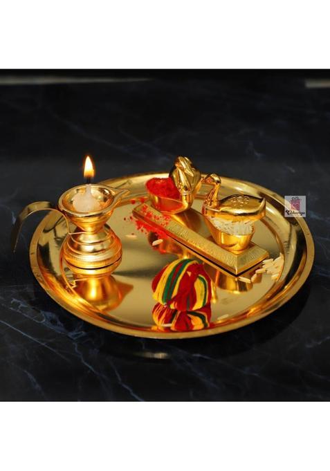 Chhariya Crafts Metal Pooja Thali With Diya And Kumkum Box Duck From Home Office Gift Items Aluminium (3 Pieces, Gold)
