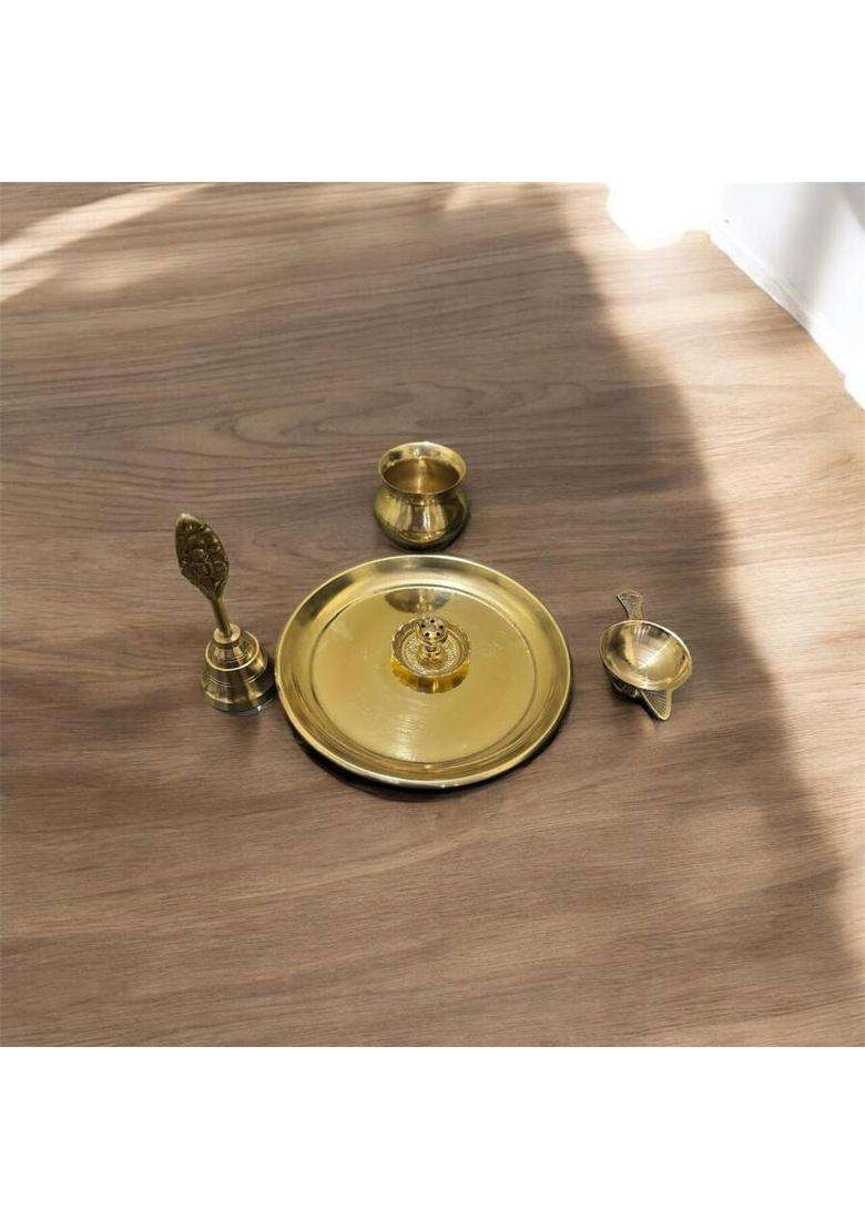 Buy N Relax Brass Pooja Thali Set With Bell Diya Kalash (5 Pieces Gold) - Indya