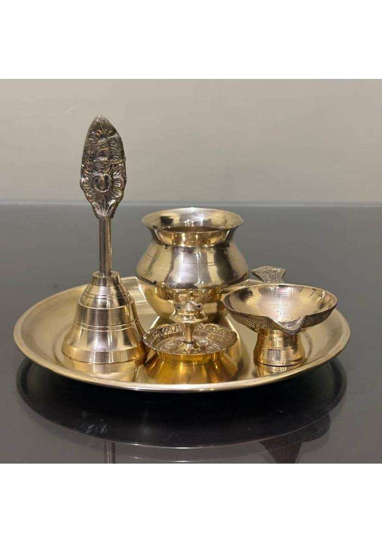 Buy N Relax Brass Pooja Thali Set With Bell Diya Kalash (5 Pieces Gold) - Indya