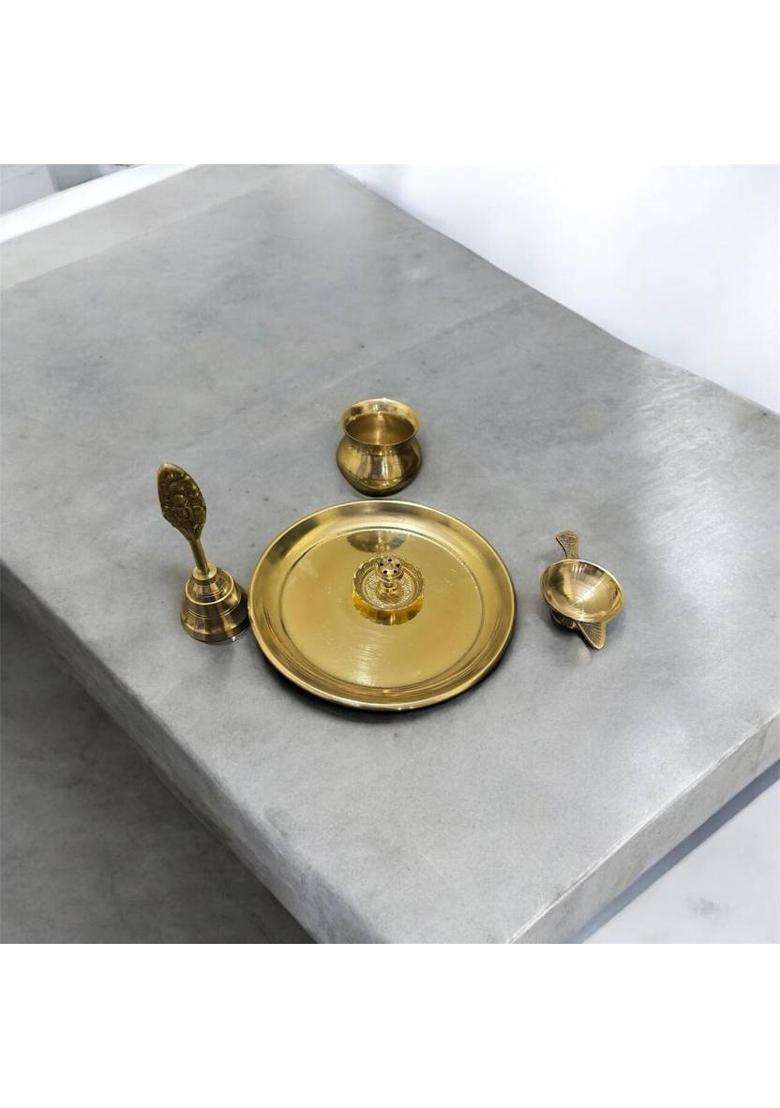 Buy N Relax Brass Pooja Thali Set With Bell Diya Kalash (5 Pieces Gold) - Indya
