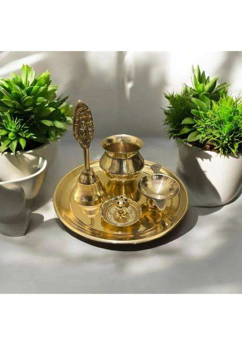 Buy N Relax Brass Pooja Thali Set With Bell Diya Kalash (5 Pieces Gold)
