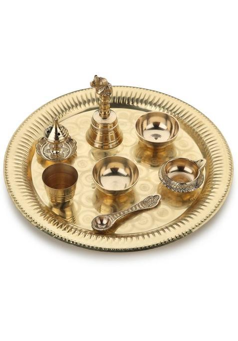Dokchan Brass Pooja Plate Set (1 Pieces, Gold)