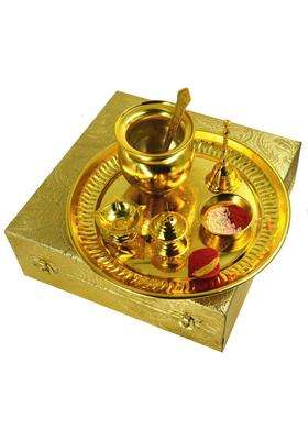 Me&You Navratri Pooja Thali Set With Ghanti & Beautiful Gift Box Brass (7 Pieces Gold)