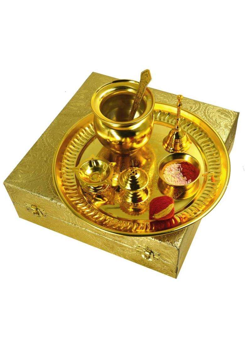 Me&You Navratri Pooja Thali Set With Ghanti & Beautiful Gift Box Brass (7 Pieces Gold) - Indya