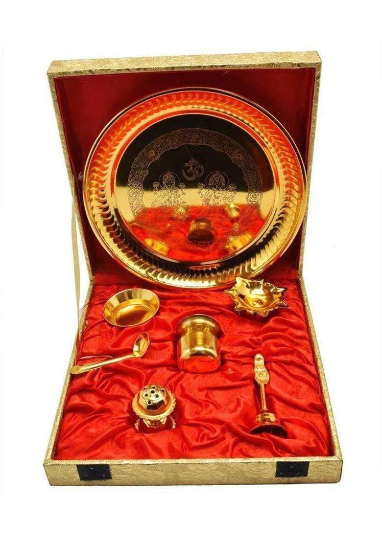 Me&You Navratri Pooja Thali Set With Ghanti & Beautiful Gift Box Brass (7 Pieces Gold) - Indya