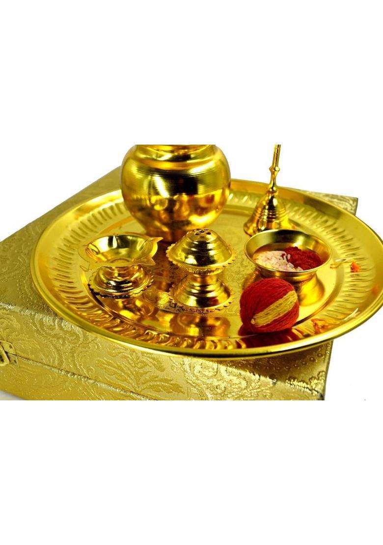 Me&You Navratri Pooja Thali Set With Ghanti & Beautiful Gift Box Brass (7 Pieces Gold) - Indya