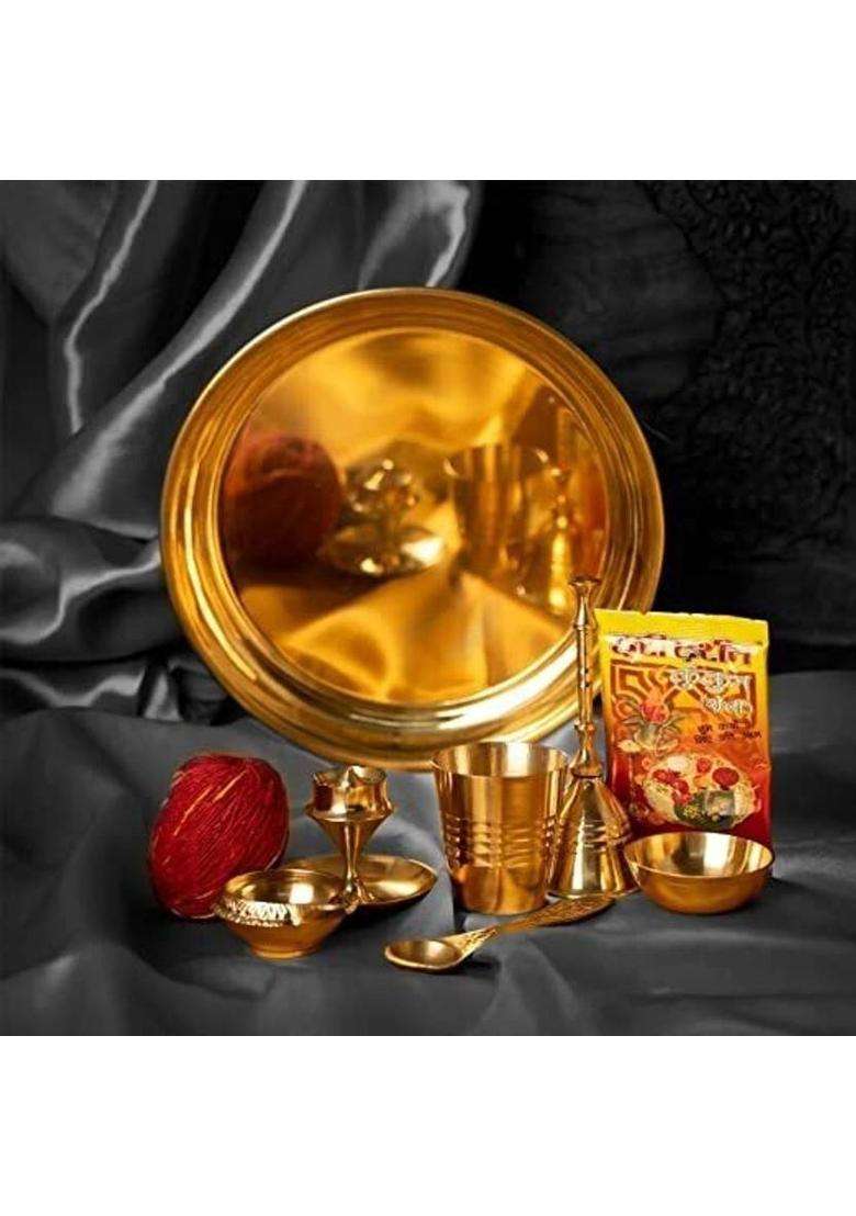 Rolimoli Brass Maha Laxmi Pooja Thali/Plate Set Of 9 For Special Occasions (7Inch) (1 Pieces Gold) - Indya