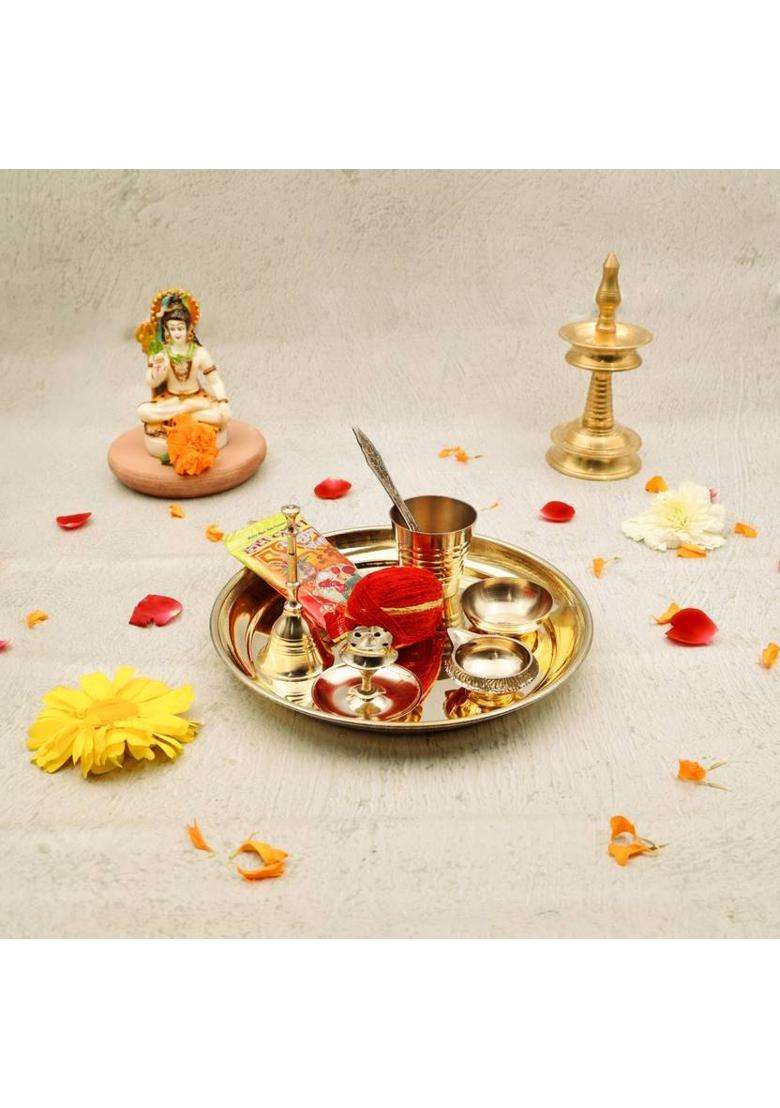 Rolimoli Brass Maha Laxmi Pooja Thali/Plate Set Of 9 For Special Occasions (7Inch) (1 Pieces Gold) - Indya
