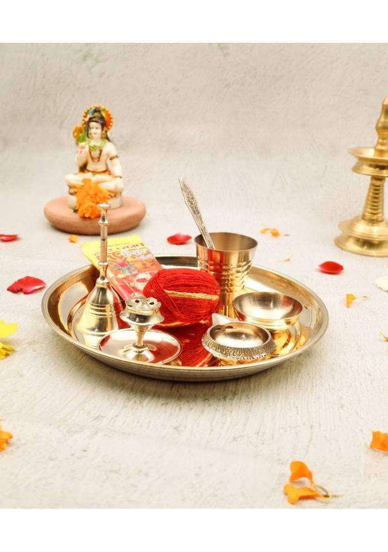 Rolimoli Brass Maha Laxmi Pooja Thali/Plate Set Of 9 For Special Occasions (7Inch) (1 Pieces Gold) - Indya