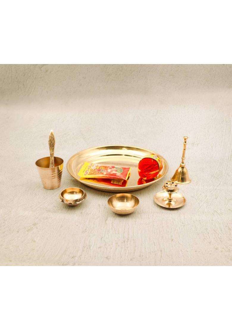Rolimoli Brass Maha Laxmi Pooja Thali/Plate Set Of 9 For Special Occasions (7Inch) (1 Pieces Gold) - Indya