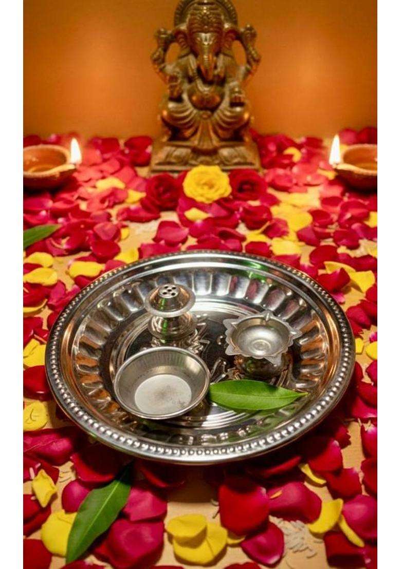 Mewell Traditional Pooja Thali & Aarti Plates For Divine Rituals Iron (1 Pieces Silver) - Indya