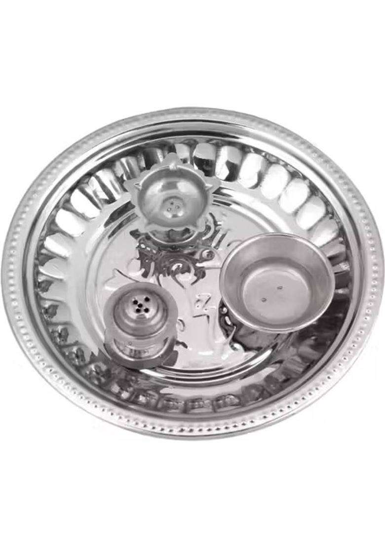 Mewell Traditional Pooja Thali & Aarti Plates For Divine Rituals Iron (1 Pieces Silver) - Indya