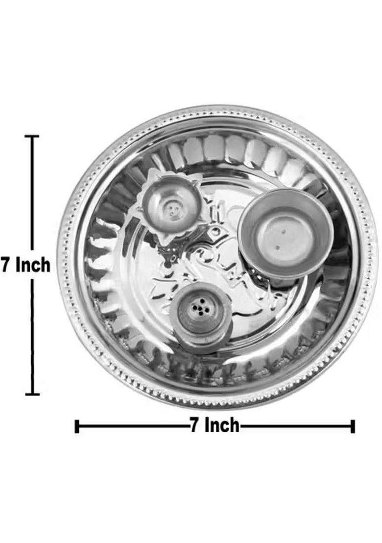 Mewell Traditional Pooja Thali & Aarti Plates For Divine Rituals Iron (1 Pieces Silver) - Indya