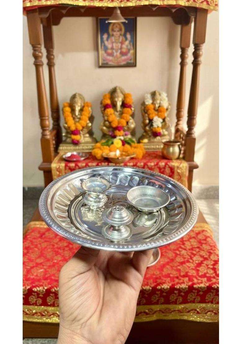 Mewell Traditional Pooja Thali & Aarti Plates For Divine Rituals Iron (1 Pieces Silver) - Indya