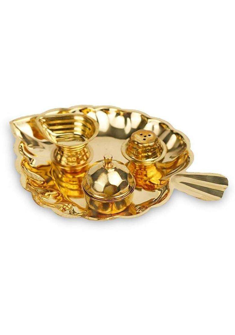 Rudra Centre Leaf Shaped Puja Plate In Brass (Gold) - Indya