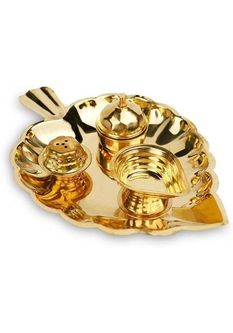 Rudra Centre Leaf Shaped Puja Plate In Brass (Gold)