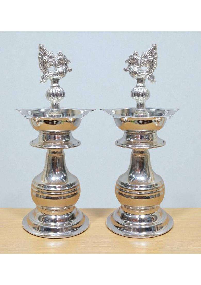 Sigaram 8 X 3.5 Inch Diya Made By Pure German Silver For Home Pooja Decor K3135 Plated (2 Pieces Silver) - Indya