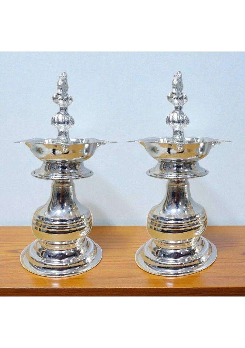 Sigaram 8 X 3.5 Inch Diya Made By Pure German Silver For Home Pooja Decor K3135 Plated (2 Pieces Silver) - Indya