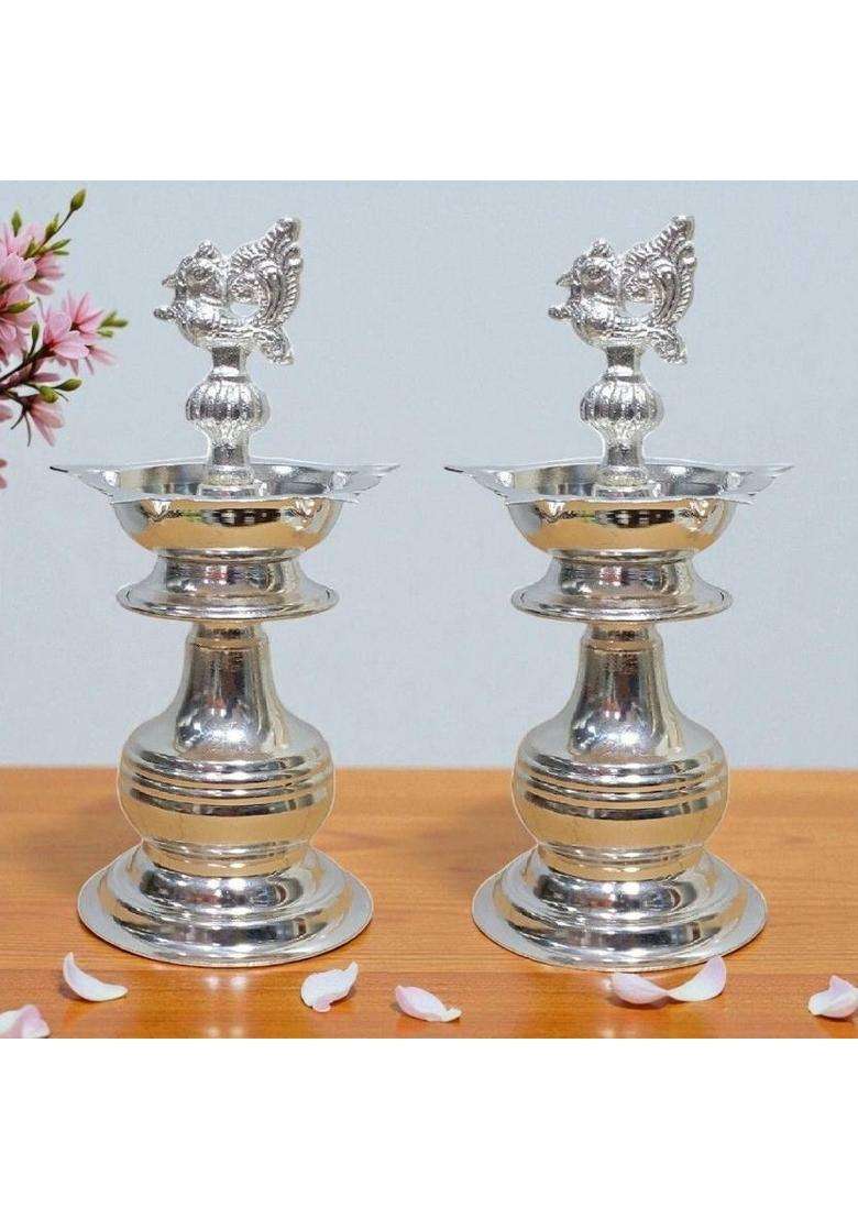 Sigaram 8 X 3.5 Inch Diya Made By Pure German Silver For Home Pooja Decor K3135 Plated (2 Pieces Silver) - Indya