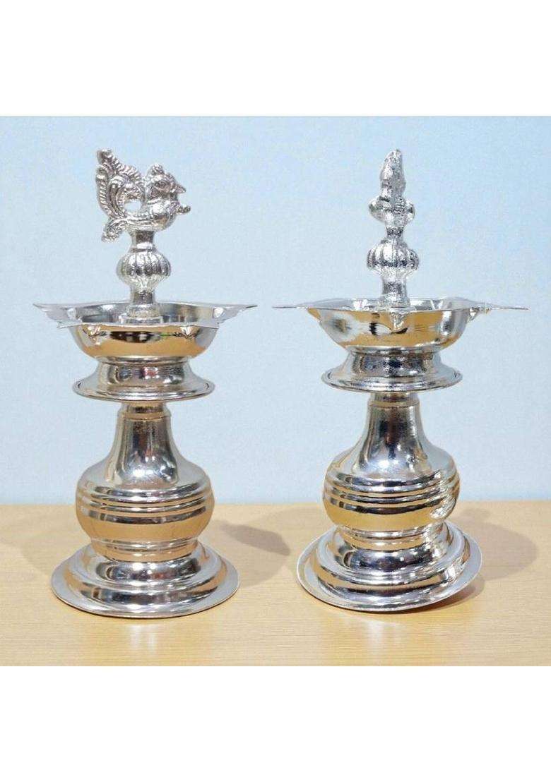Sigaram 8 X 3.5 Inch Diya Made By Pure German Silver For Home Pooja Decor K3135 Plated (2 Pieces Silver) - Indya