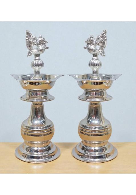 Sigaram 8 X 3.5 Inch Diya Made By Pure German Silver For Home Pooja Decor K3135 Plated (2 Pieces, Silver)