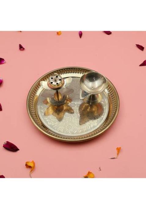 Flipkart Smartbuy Handcrafted 100% Brass Pooja Thali Plate Set With Laxmi Stand & Incense Holder (1 Pieces, Gold)